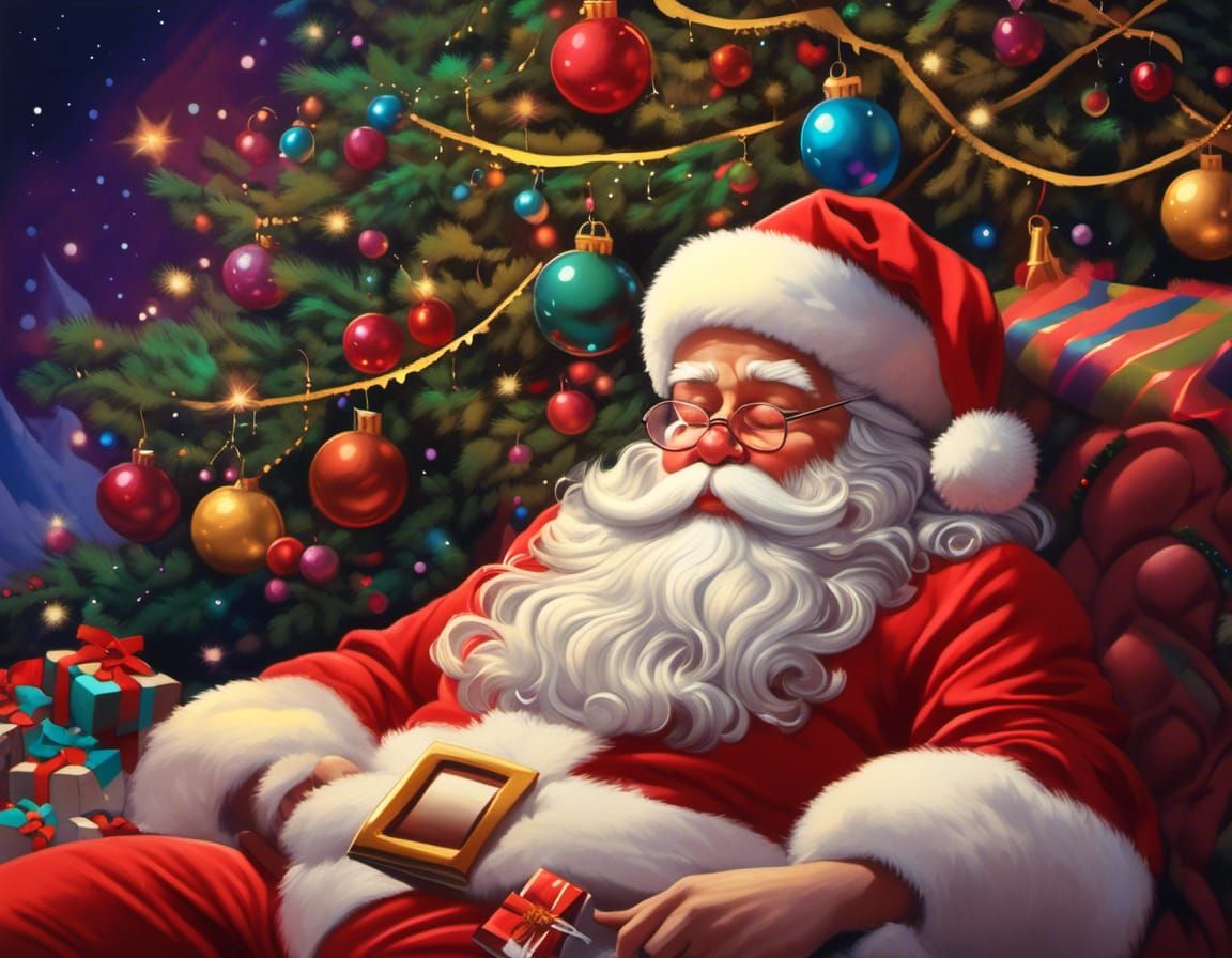 Santa Claus Asleep Under Christmas Tree: Hyperrealistic Spla...