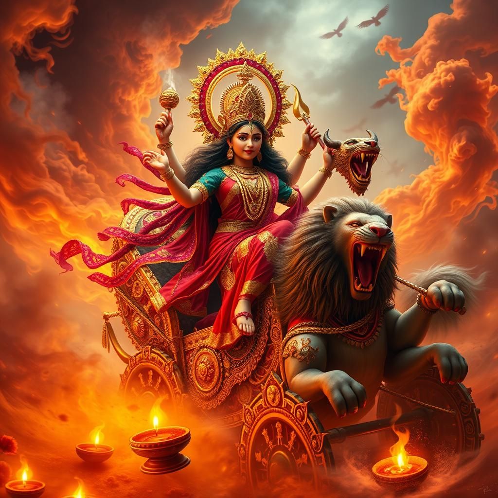 Goddess Durga on Ornate Chariot: Cinematic 8K Art