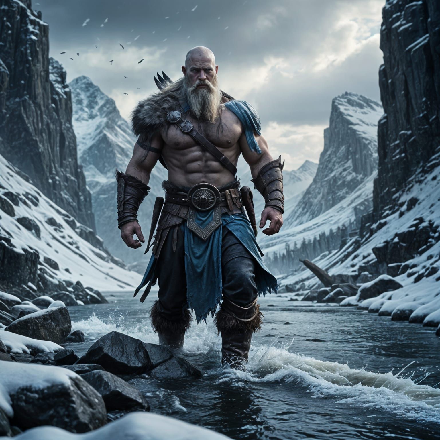 Dark Fantasy Goliath Viking on Snowy Mountain River