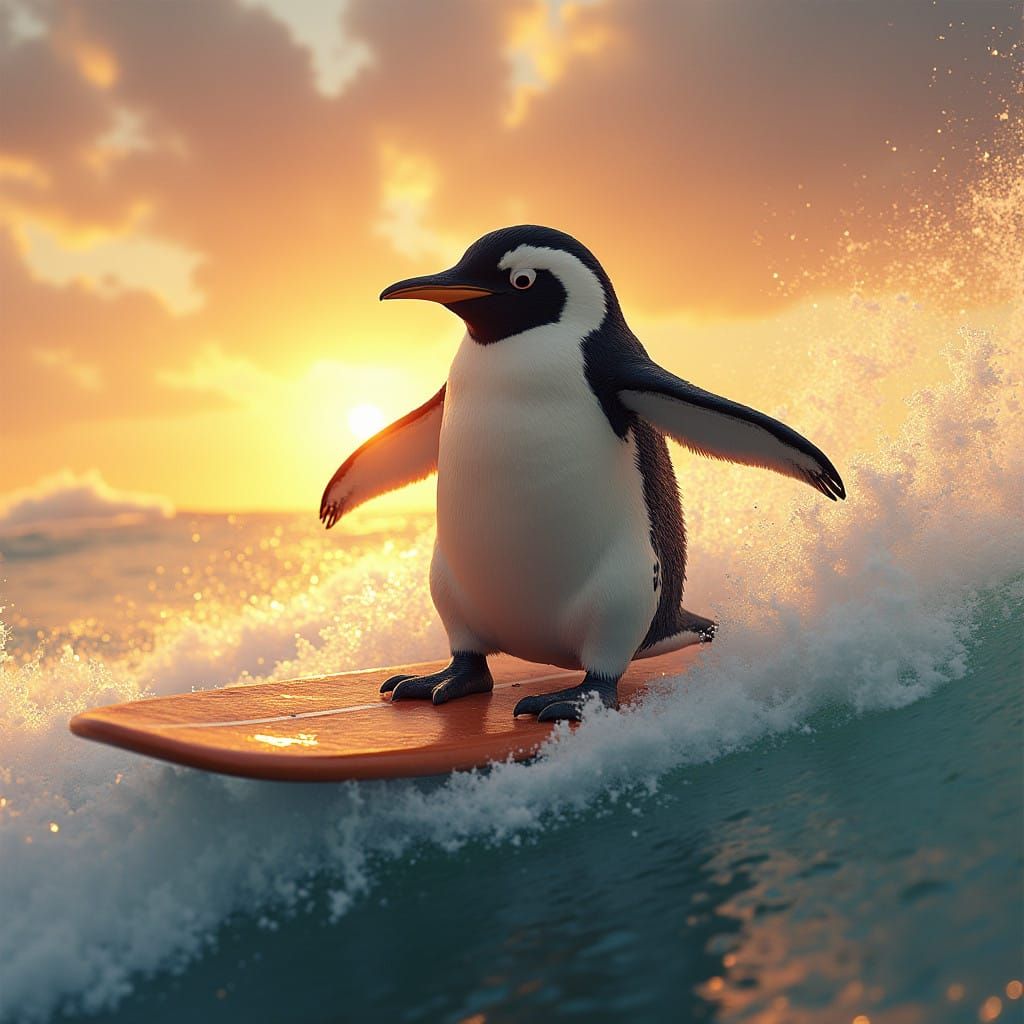 Surreal Sunset Surf Penguin in Hyperrealistic Digital Matte...