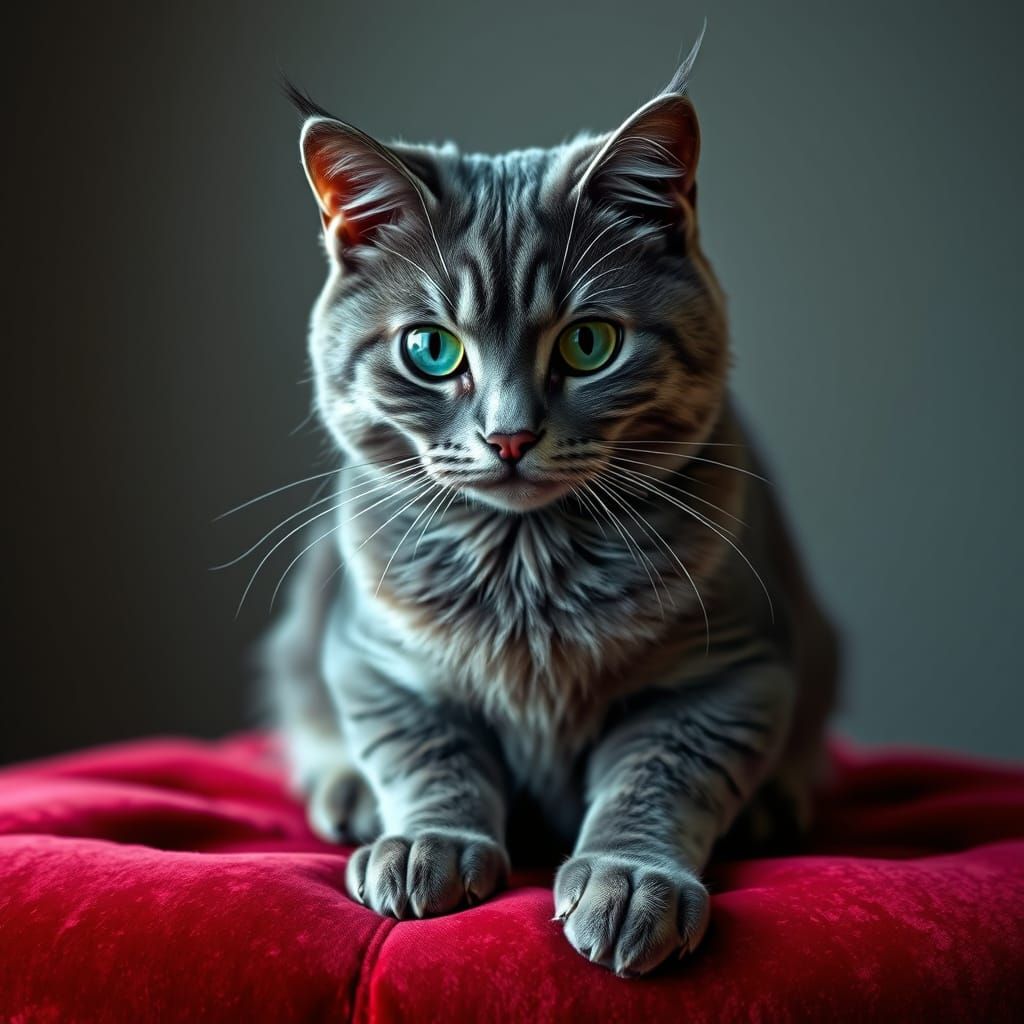Regal Gray Cat Poses on Velvet Throne