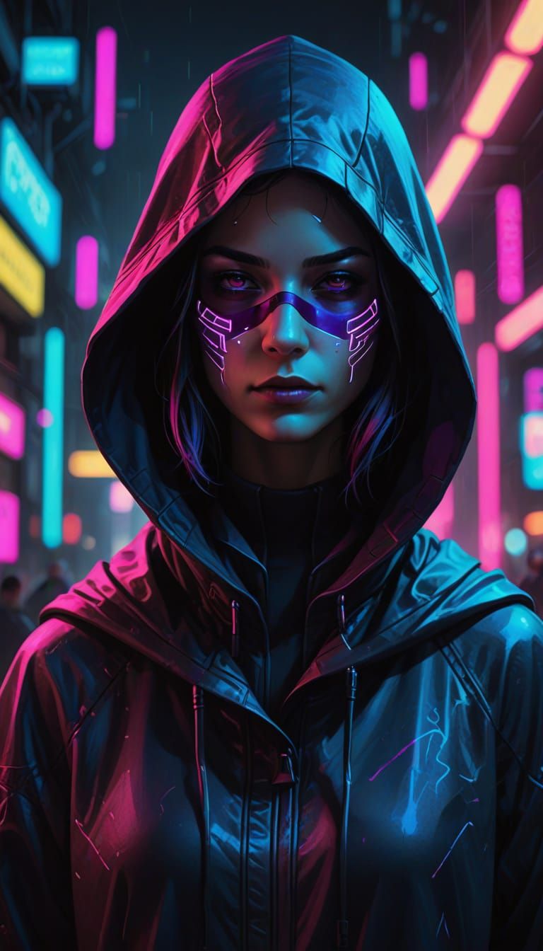 Cyberpunk Hooded Figure with Magenta Mask