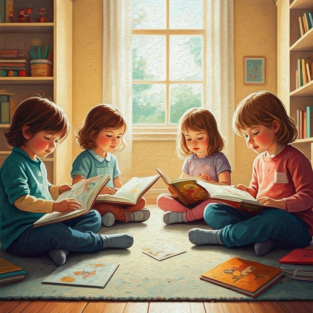 Children Reading Books: Impressionistic Gouache Painting