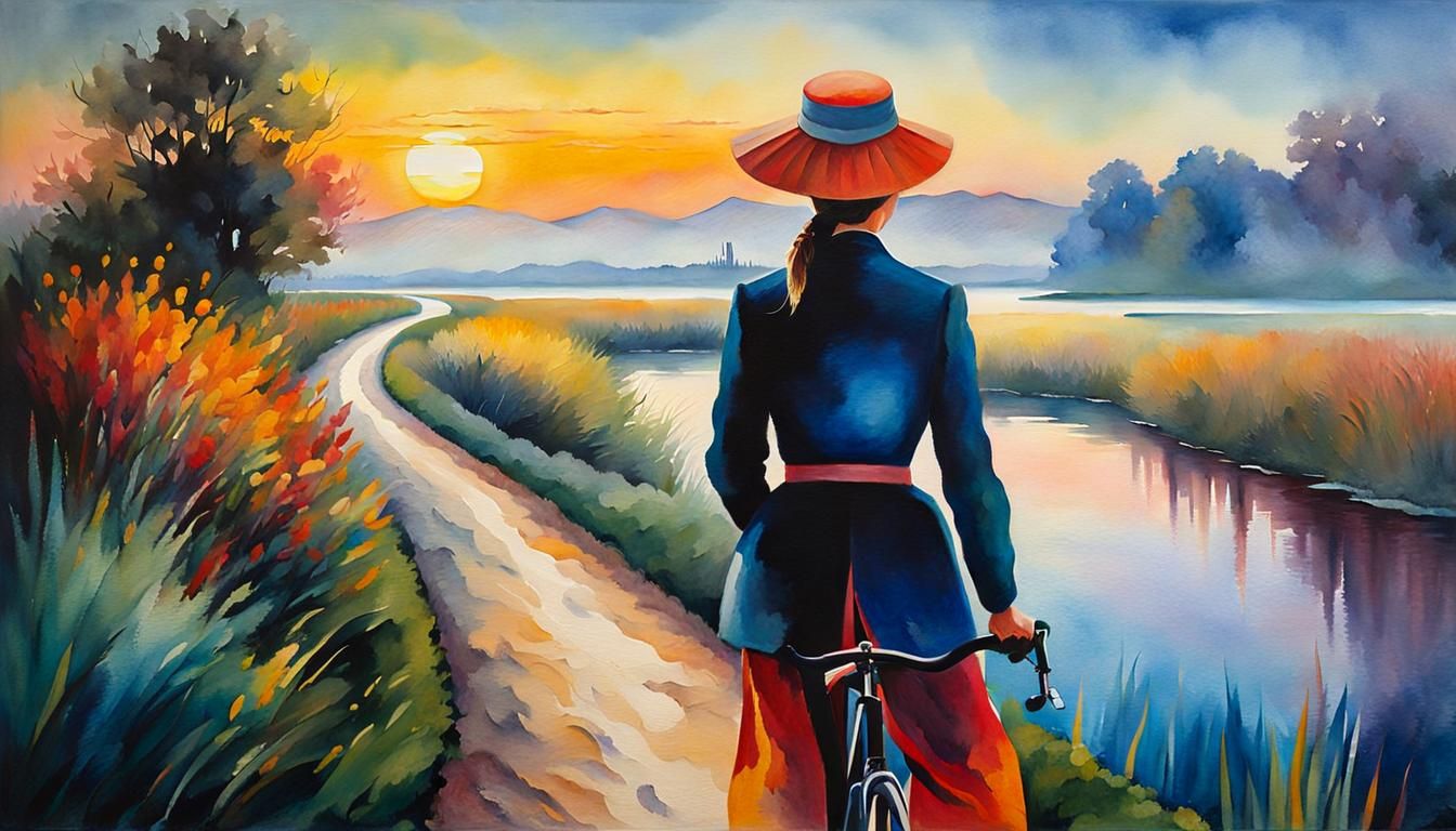 Cyclist at Twilight: Neo-Impressionist Oil Painting