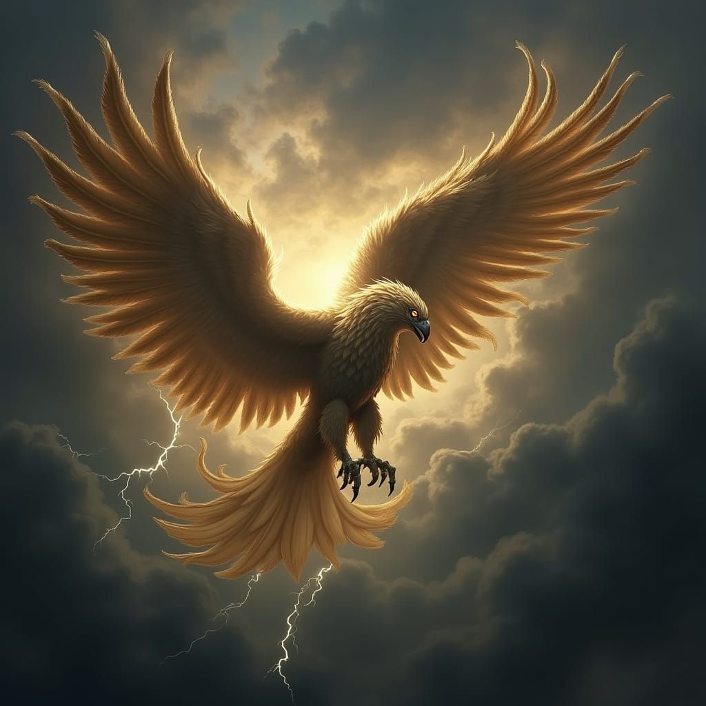 Griffin Soaring Through Stormy Sky in Romantic Style
