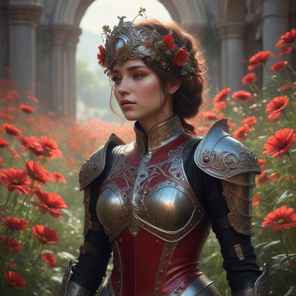 Gothic Female Knight Surrounded by Vibrant Wildflowers in Ar...