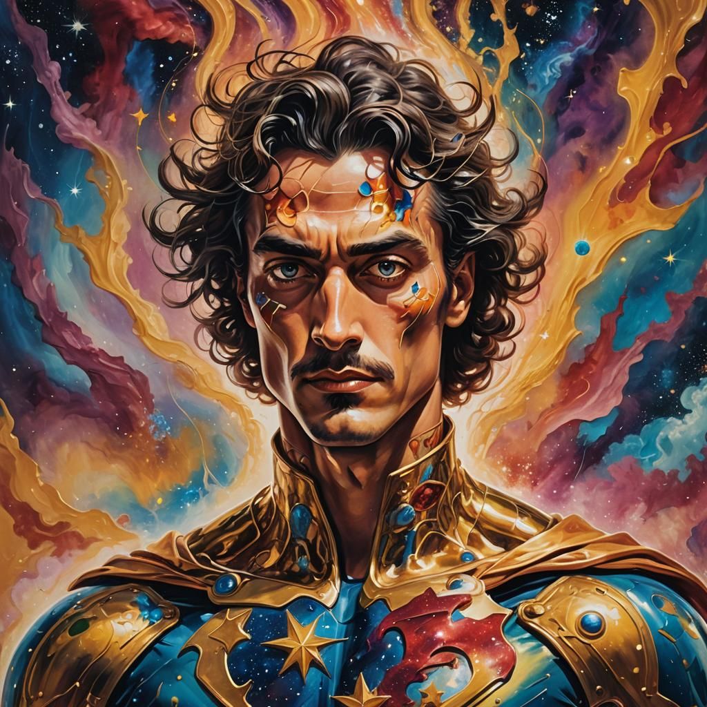 Surreal Superhero Portrait with Cosmic Background