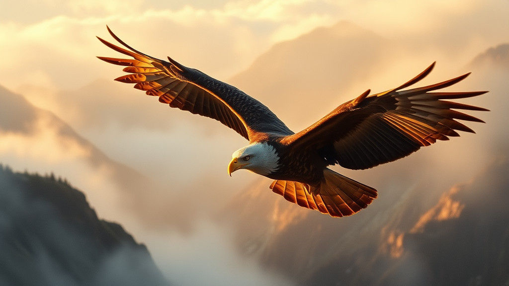 Majestic Eagle Soars Through Misty Mountains at Dawn in a Dr...