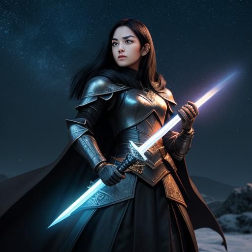 Warrior Woman with Glowing Swords in 3D Art