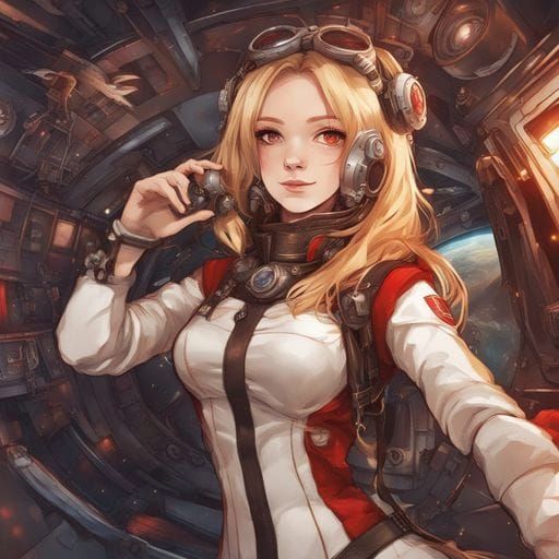 Steampunk Astronaut Selfie in Spaceship Interior