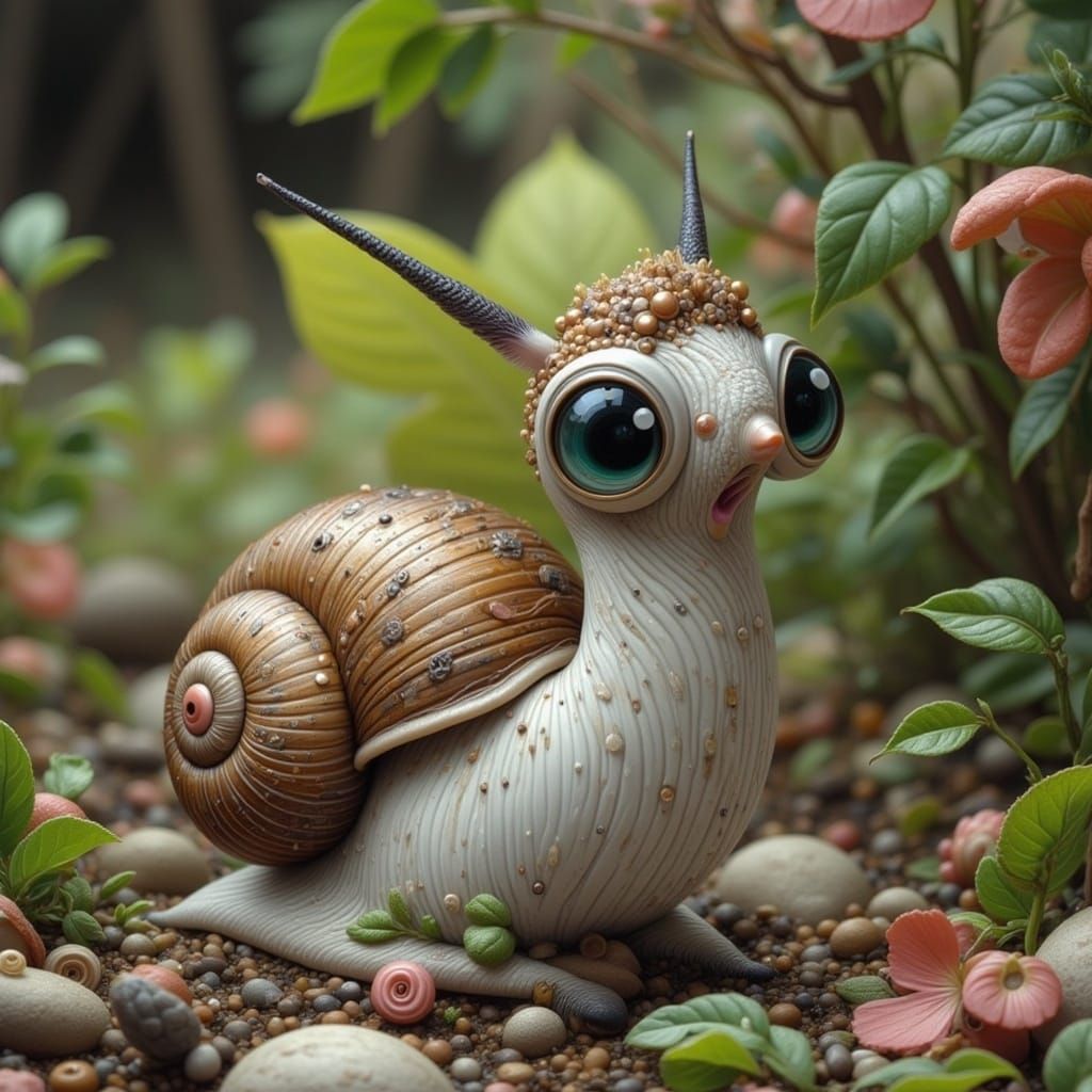 Dreamlike Snail on Dewy Leaf