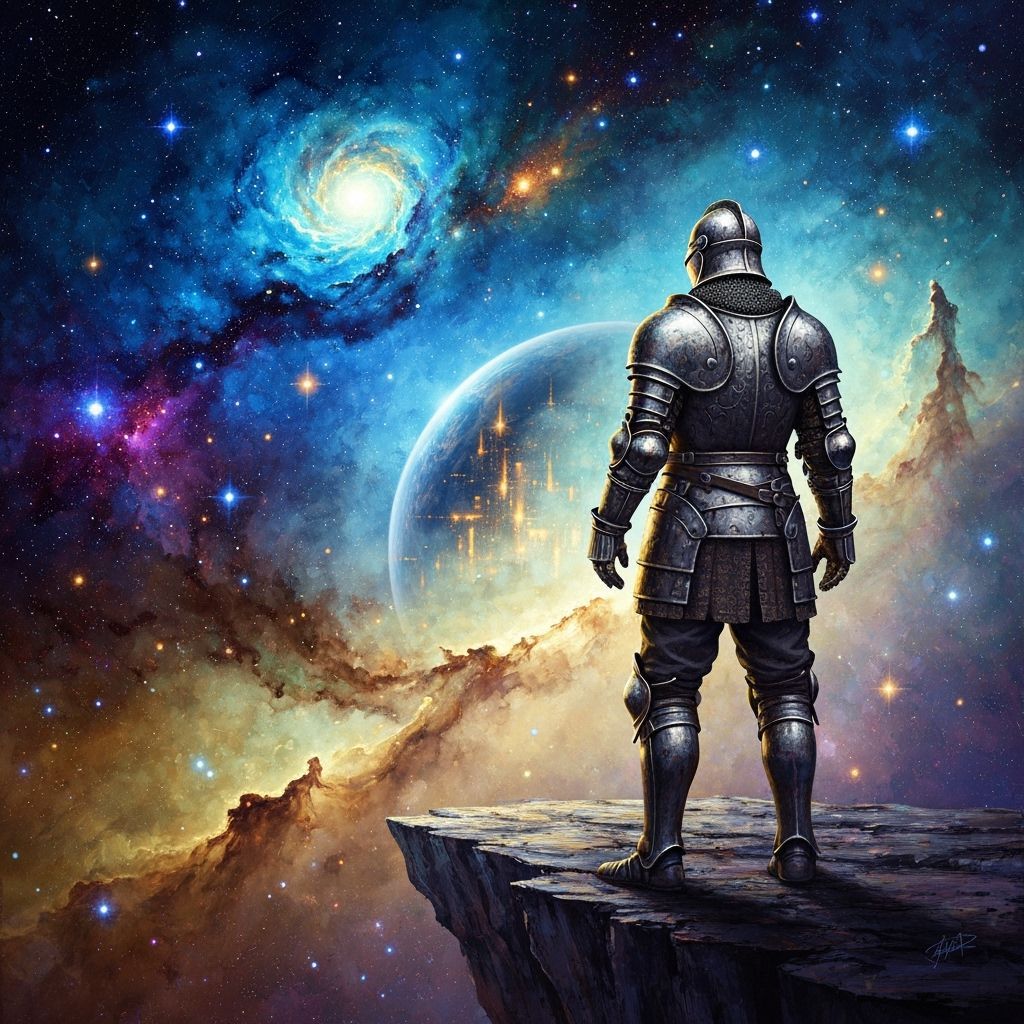 Knight on Cliff Overlooking Cosmic Nebula in Oil Painting St...