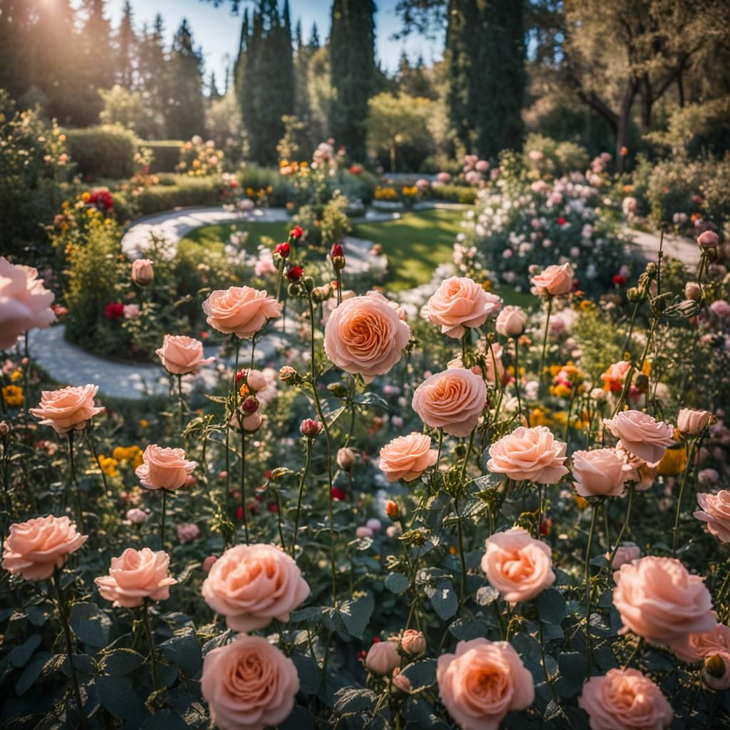 Surrealist Garden Park with Roses in Dali Style