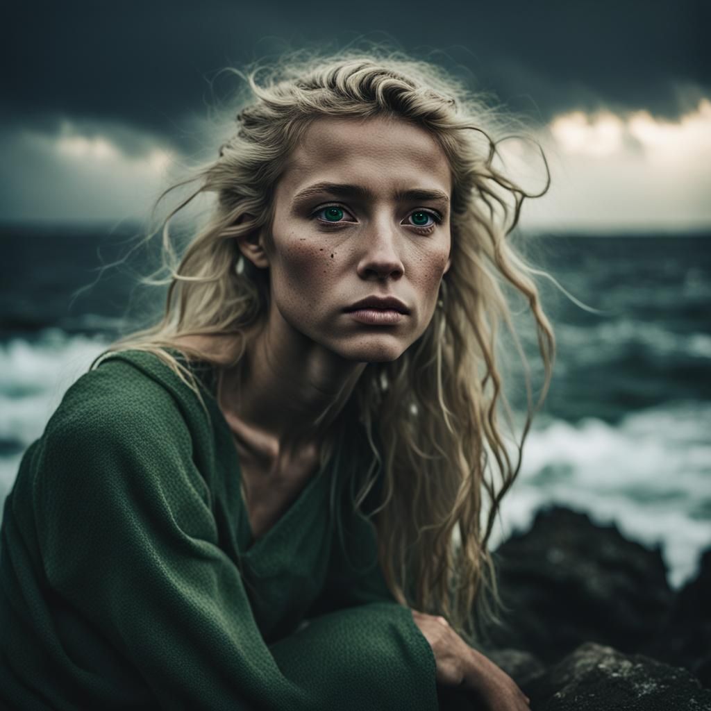 Blonde Mermaid Contemplates Life During Storm