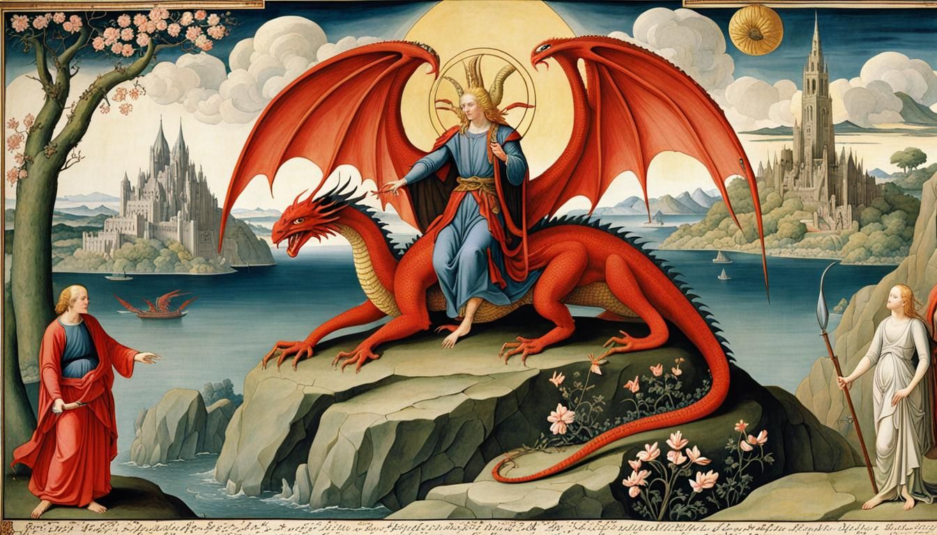 Saint Michael Defeats Dragon in Millefleurs Art Nouveau Styl...