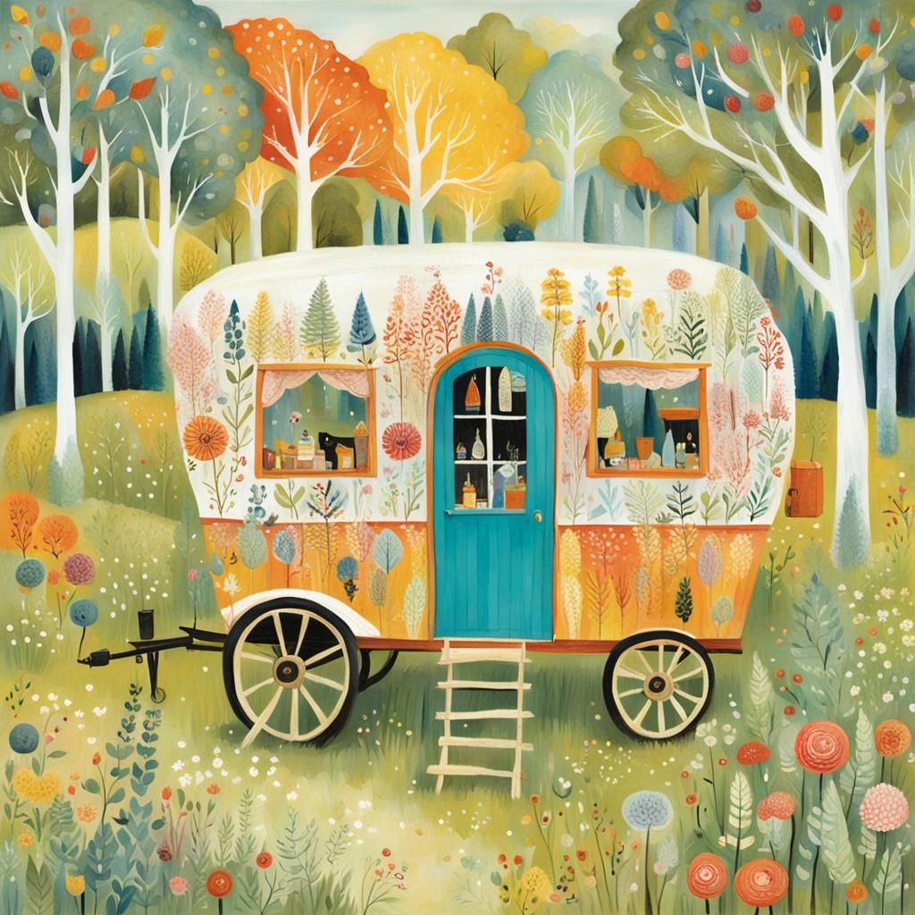 Colorful Gypsy Wagon in Whimsical Landscape