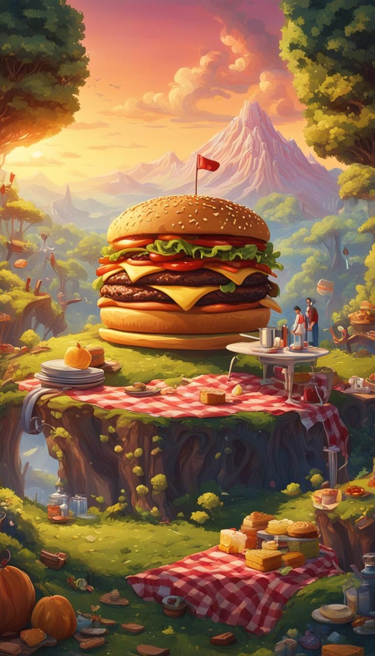 Colossal Hamburger Picnic in Fantastical Landscape Art
