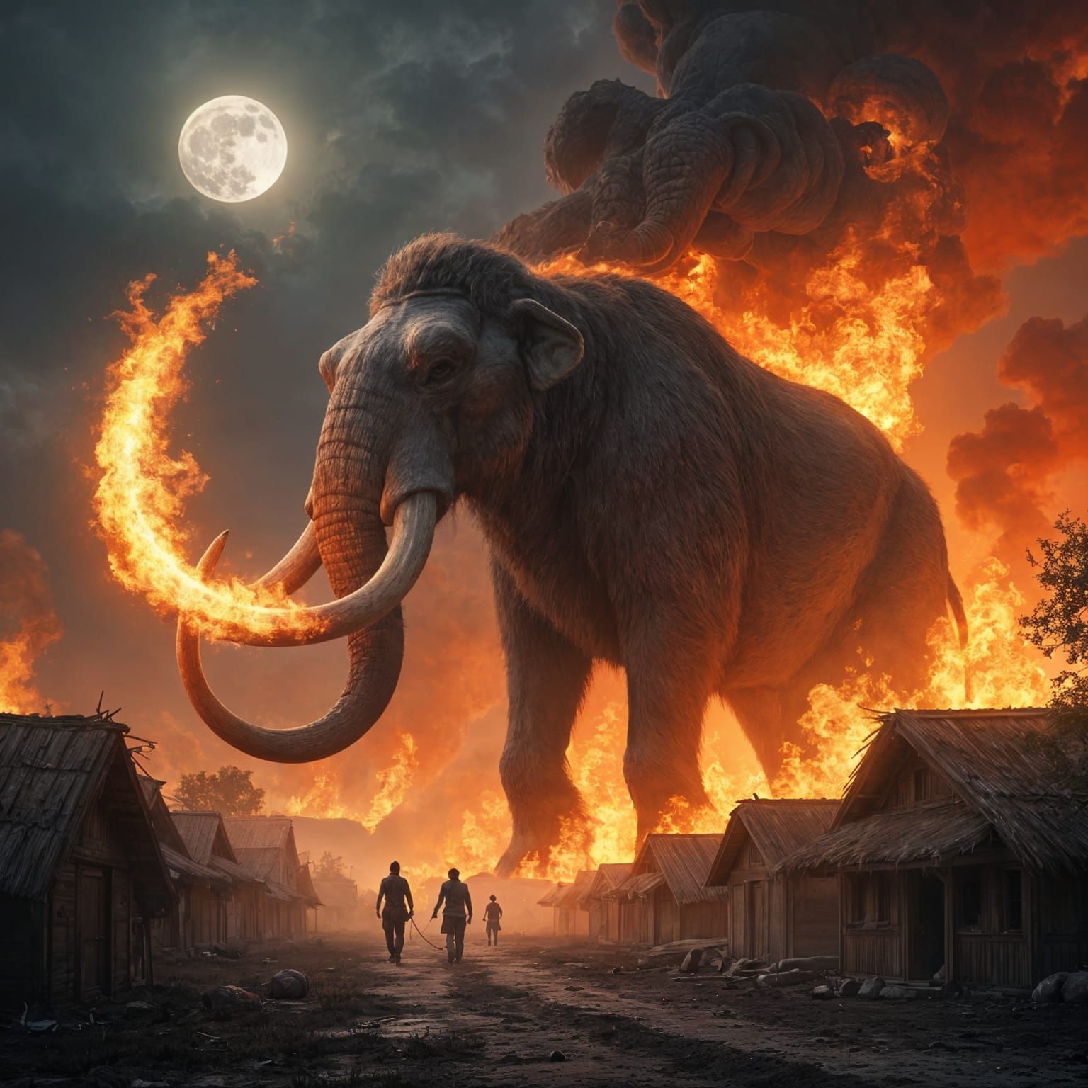 Surreal Hyperreal Woolly Mammoth Engulfs Village in Flames