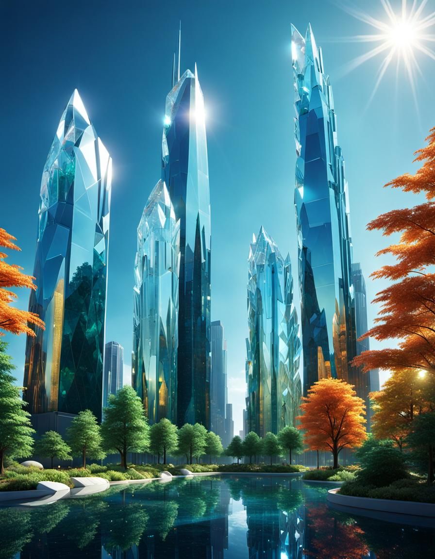 Futuristic Crystal Cityscape in 3D Rendered Style