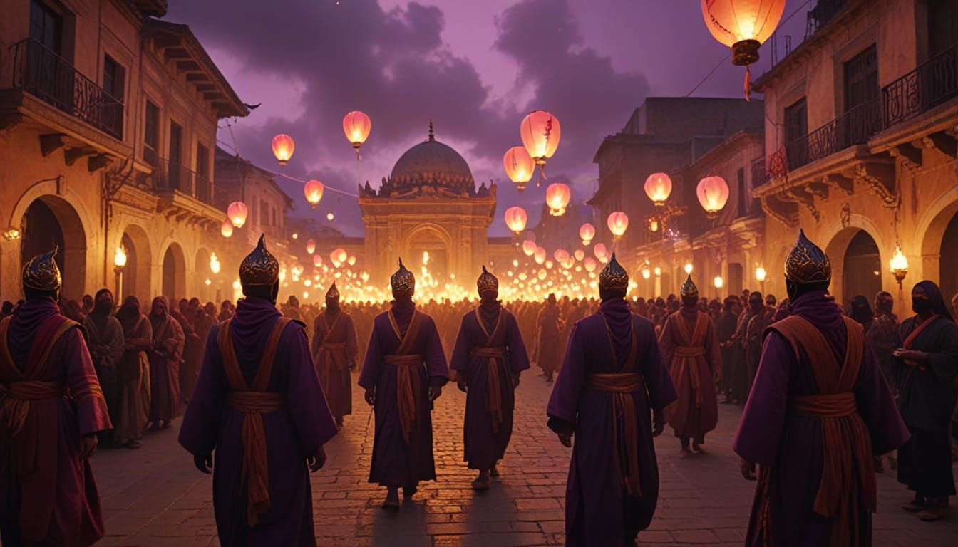 Masked Revelers Celebrate at Night: Cinematic Street Scene