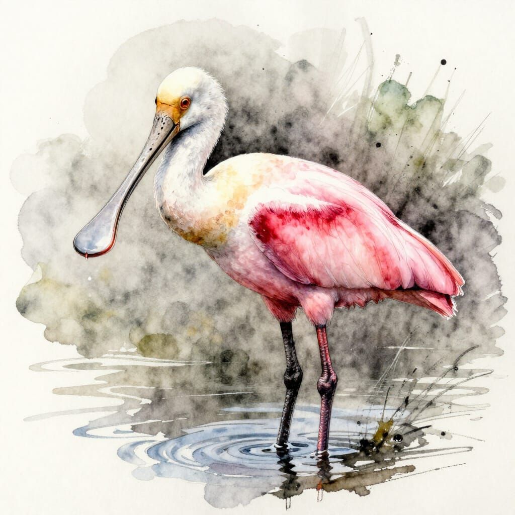 Maximalist Spoonbill Watercolour Sketch with Pastel Colour S...