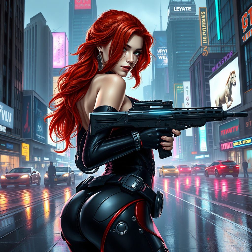 Cyberpunk Femme Fatale with Submachine Gun, Dark Cityscape