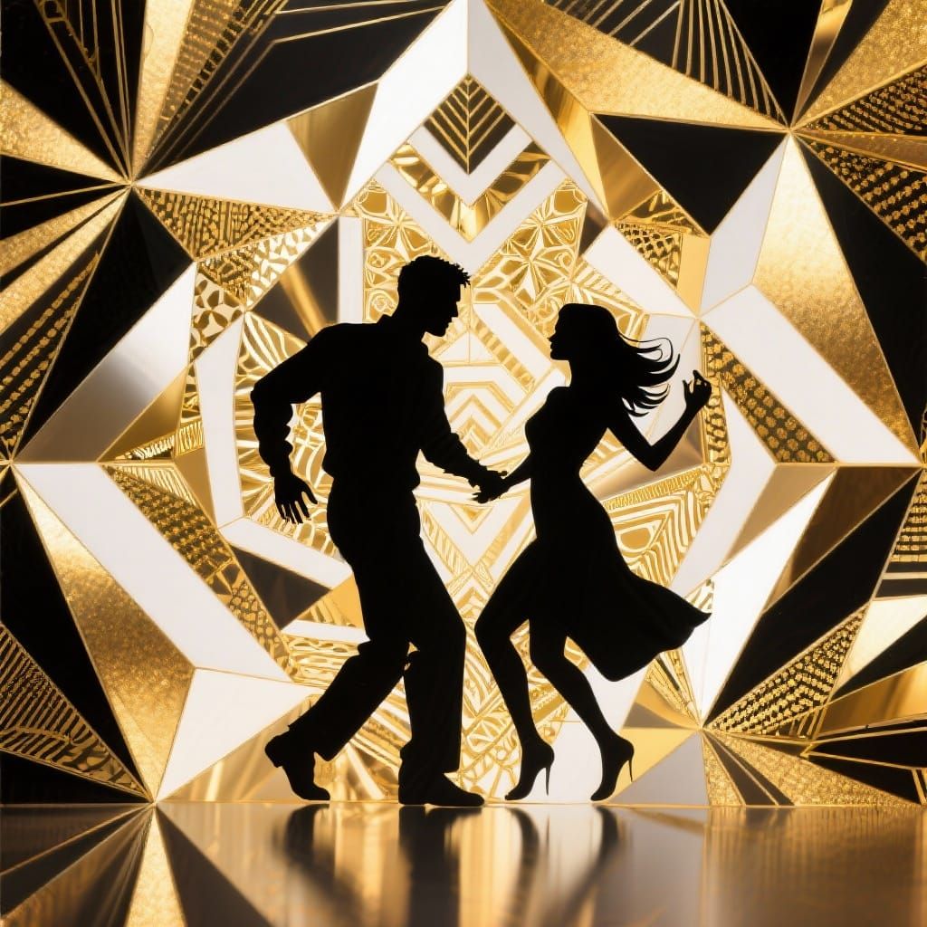 Dancing Silhouettes in Abstract Gold and Black Art