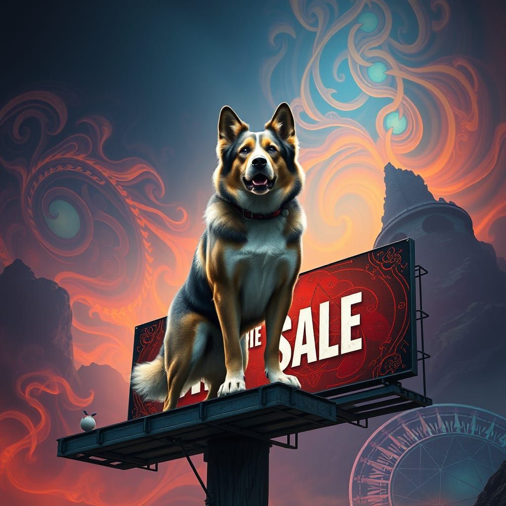 Majestic Dog Billboard in Futuristic Landscape