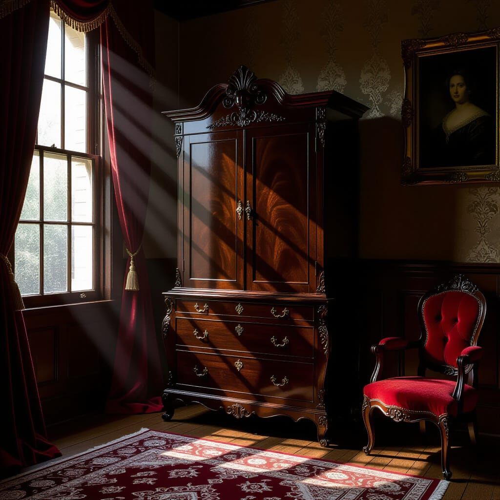 Antique Victorian Cabinet in Dramatic Light