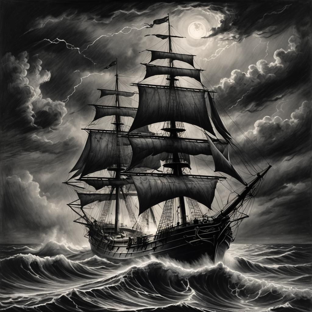 Charcoal Ship Sails Through Stormy Night
