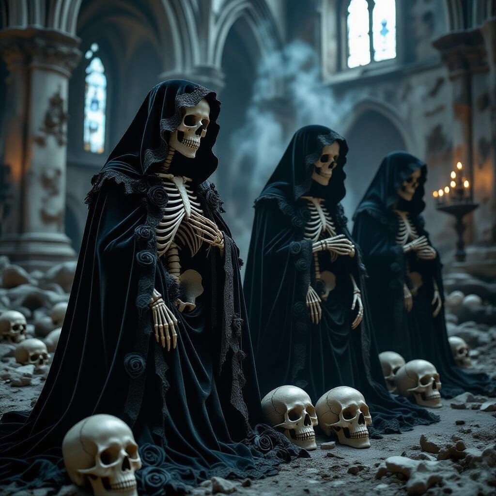 Gothic Skeletons with Roses and Runes in Cathedral Ruins