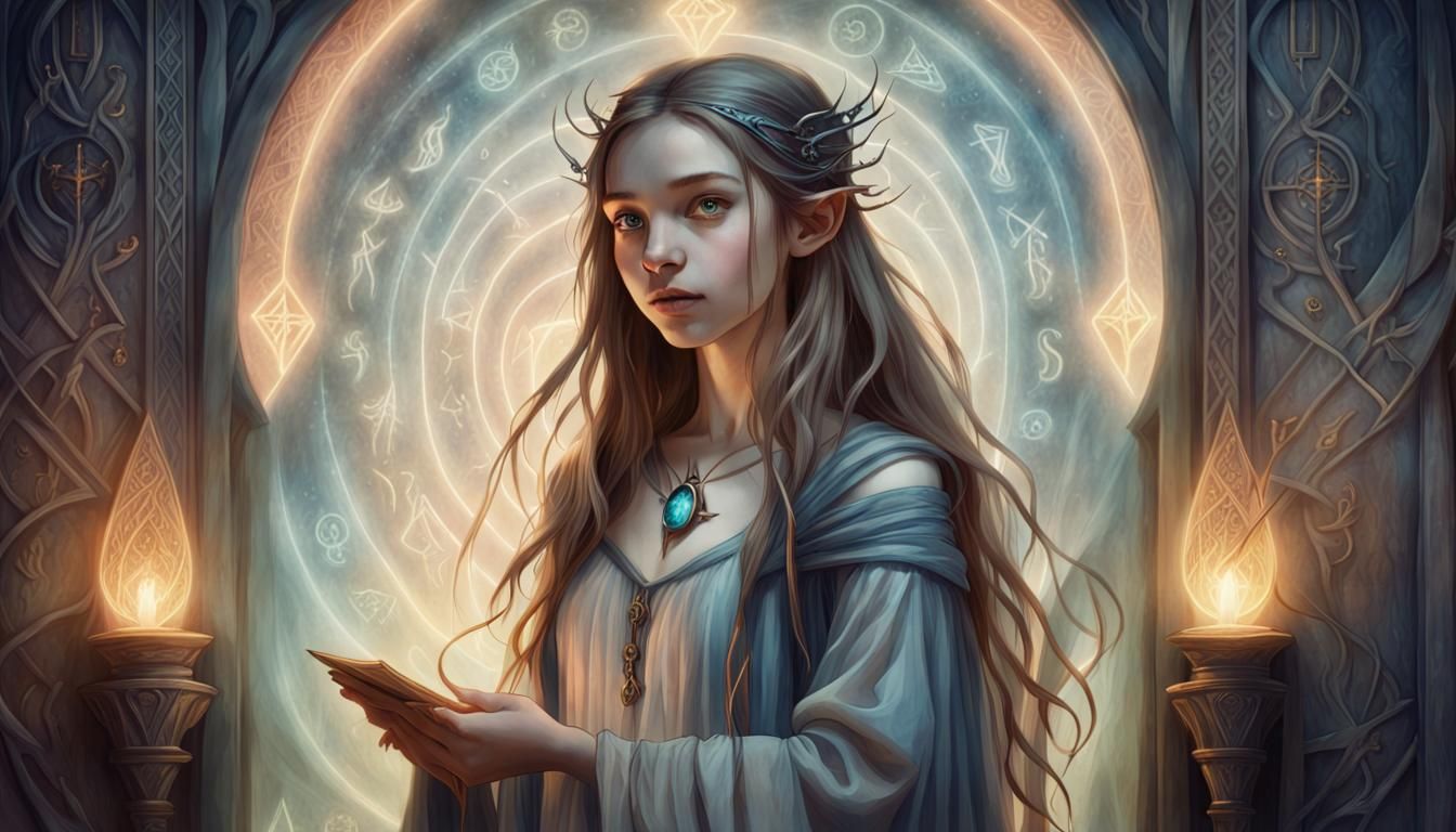 Young Sorceress and Glowing Runes in Watercolor Style