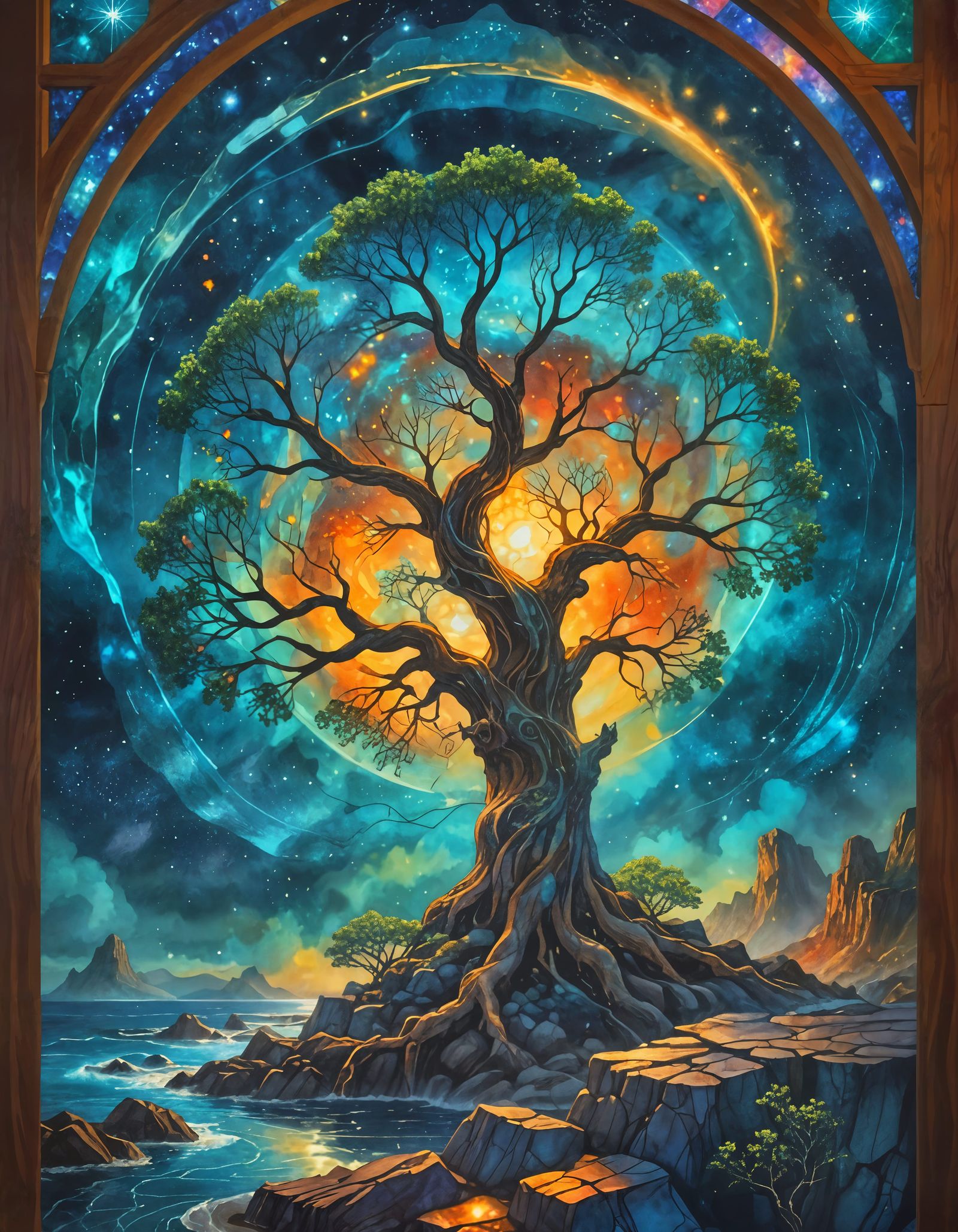 Ancient Tree Rooted in Constellations Overlooking Cosmic Sea