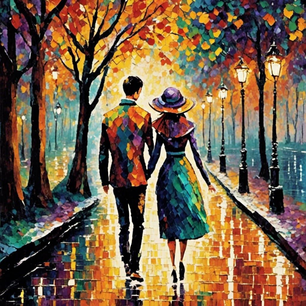 A romantic scene of courtship or affection, depicted with te...