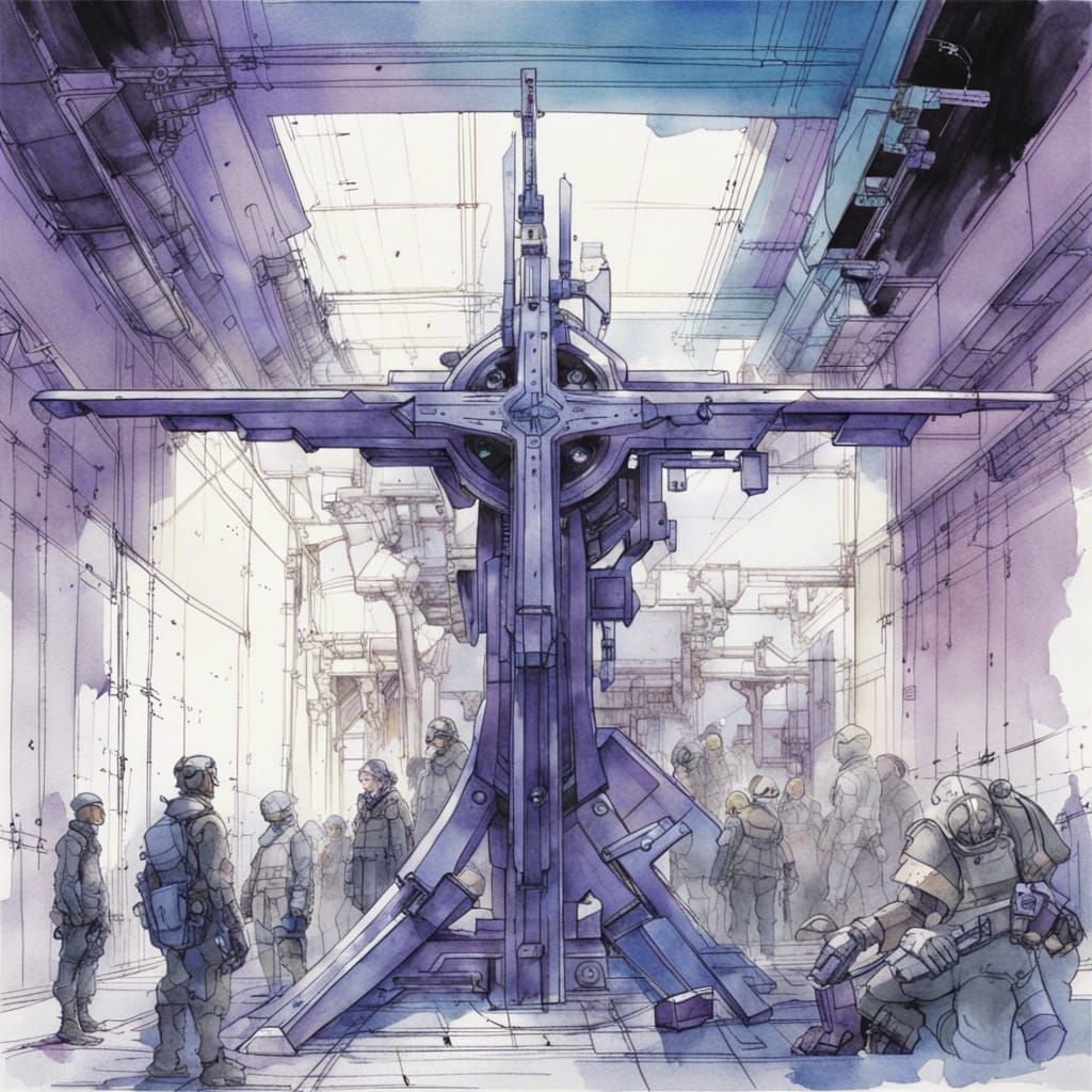 Futuristic Cross in Mech Hangar: Watercolor Sketch
