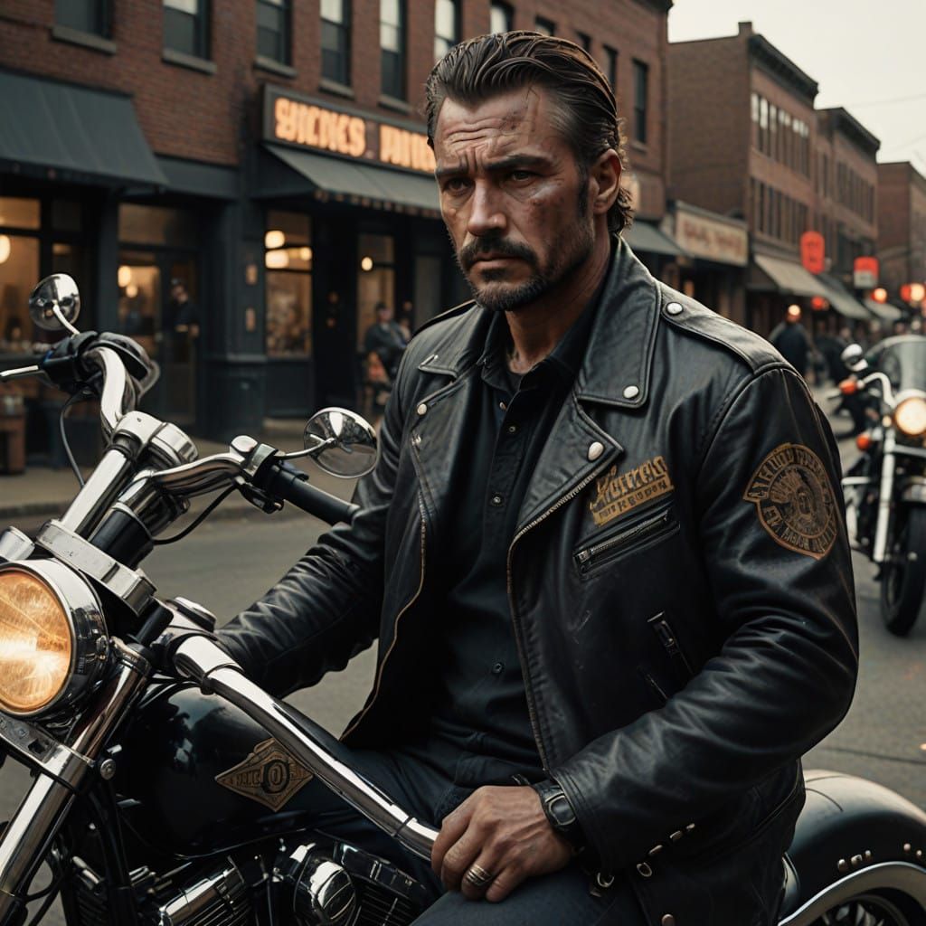 Rugged Biker Icon in Leather Jacket, Tribal Tattoos, and Vin...