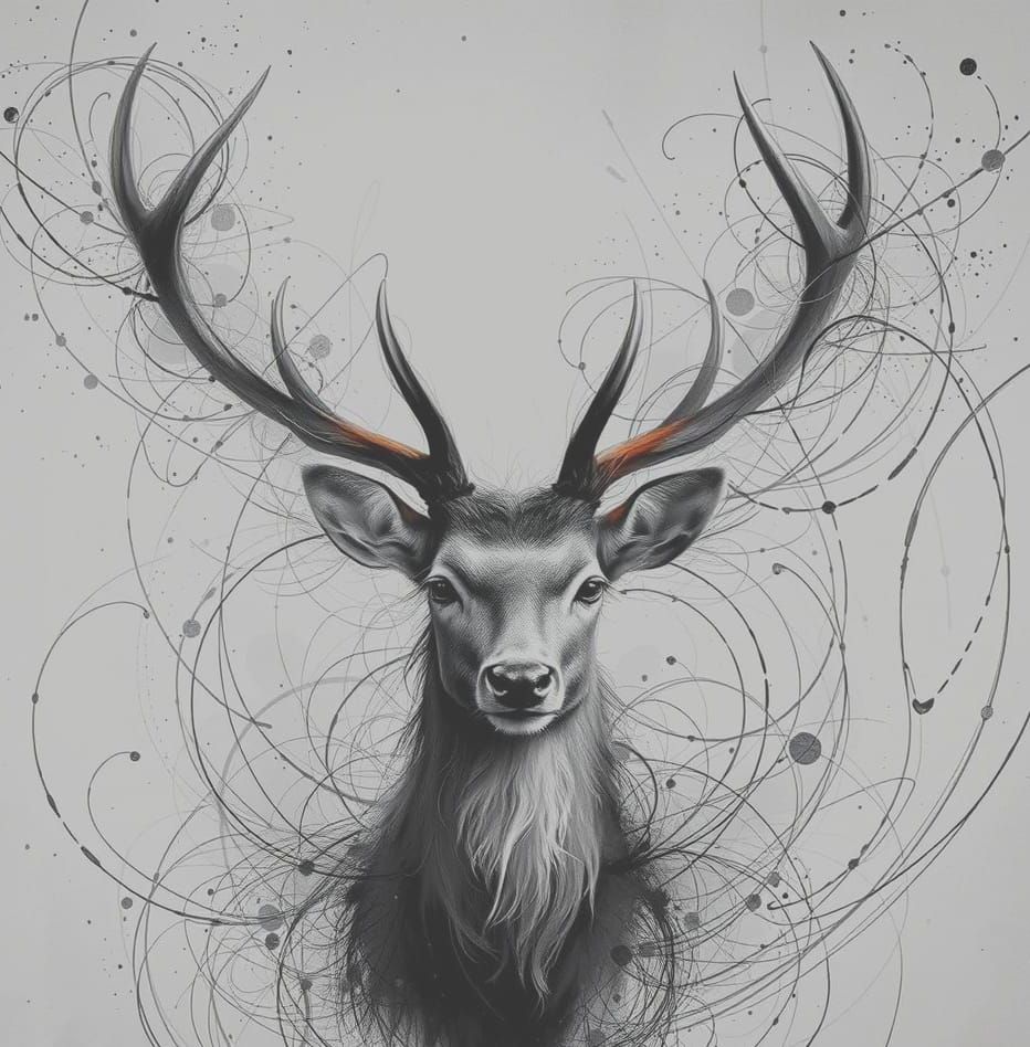 Elegant Deer with Ink Antlers in Abstract Landscape
