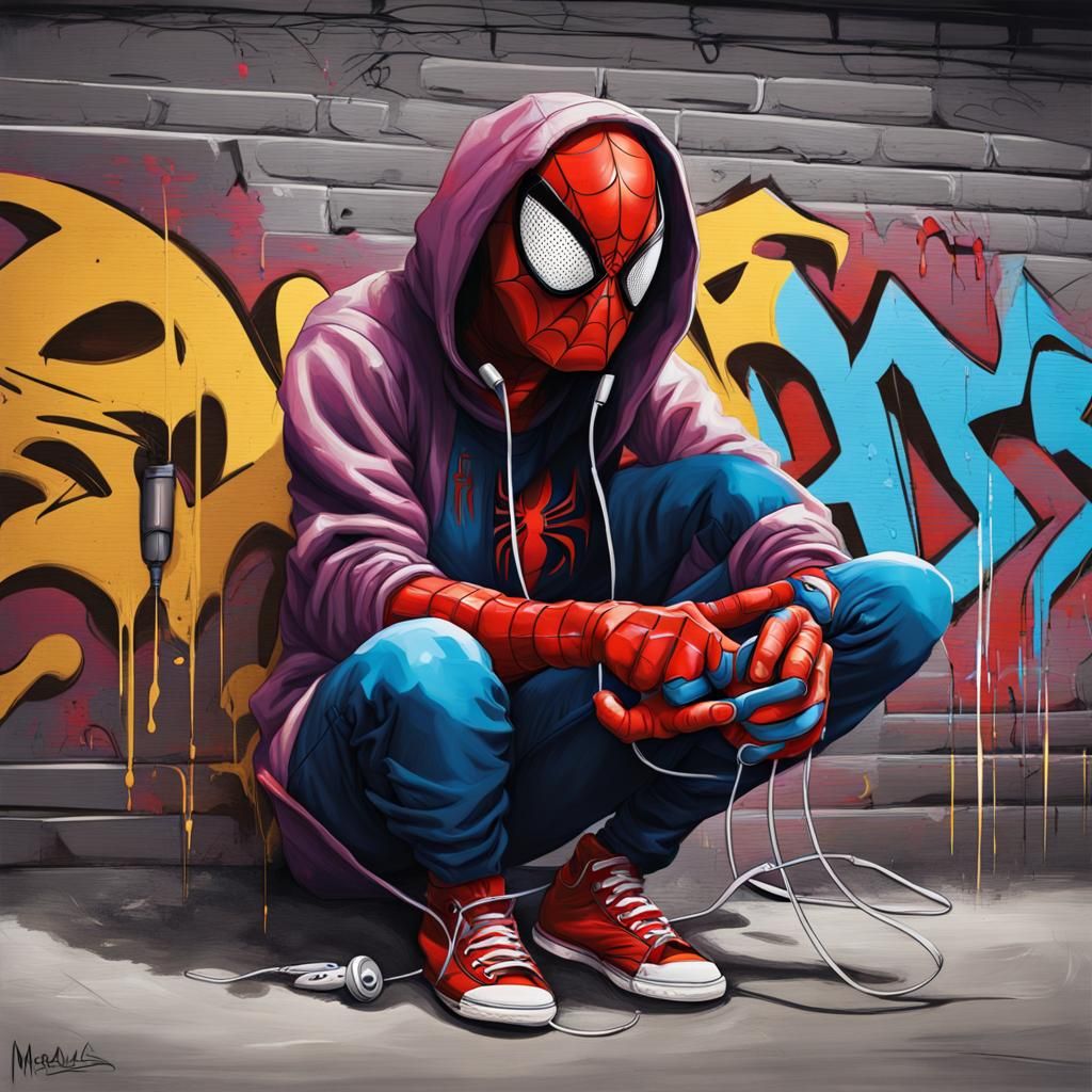 Miles Morales Spider-Man Graffiti Art with Headphones