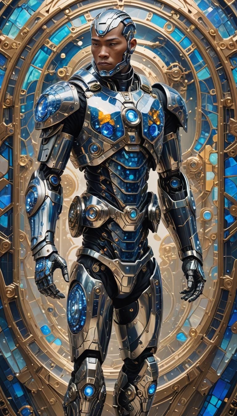 Cyborg with synthetic sapphire skin, hands positioned as a c...