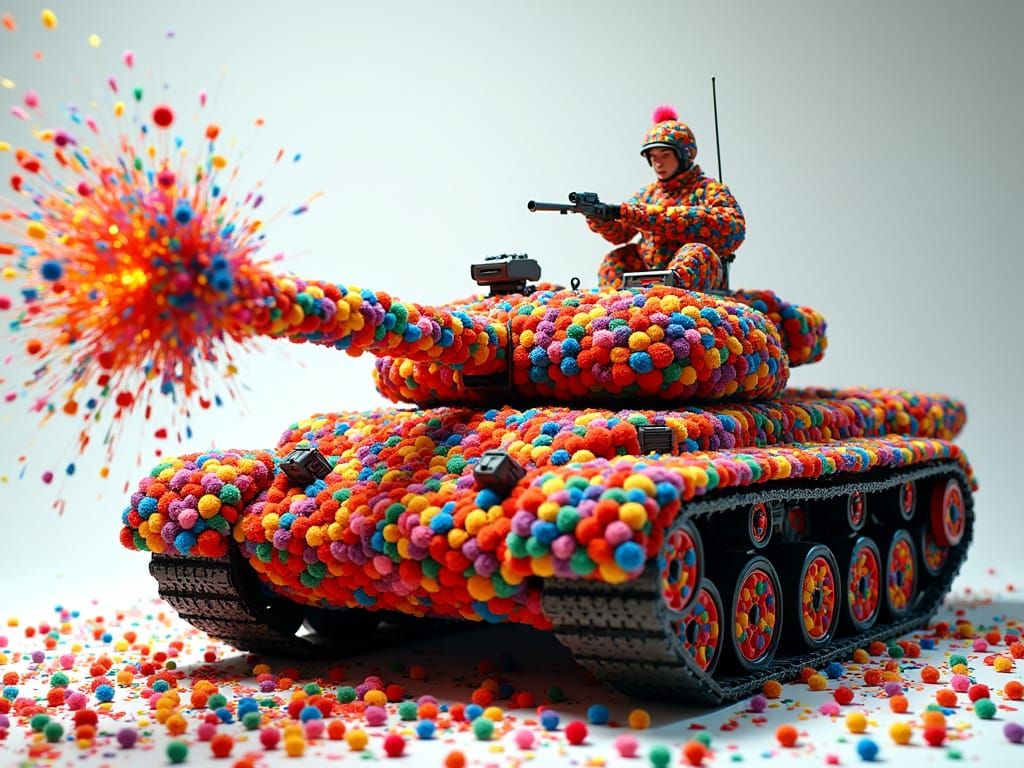 Pom-Pom Tank Sculpture with Confetti Explosion