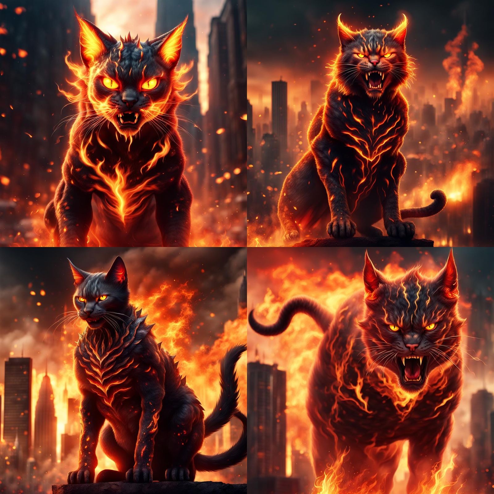 Intimidating Fire Demon Cat Avatar Roaring in Flames