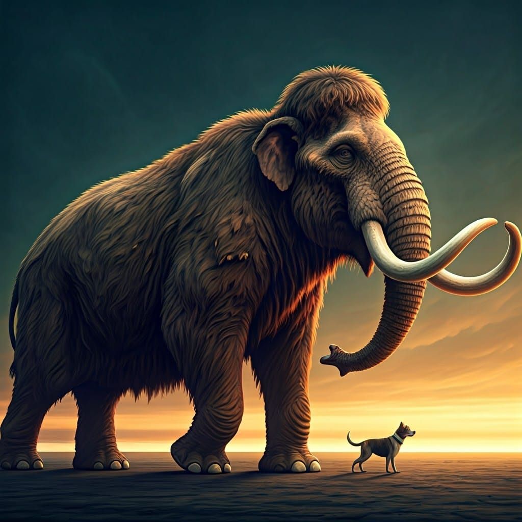 Woolly Mammoth and Tiny Dog in Surreal Style