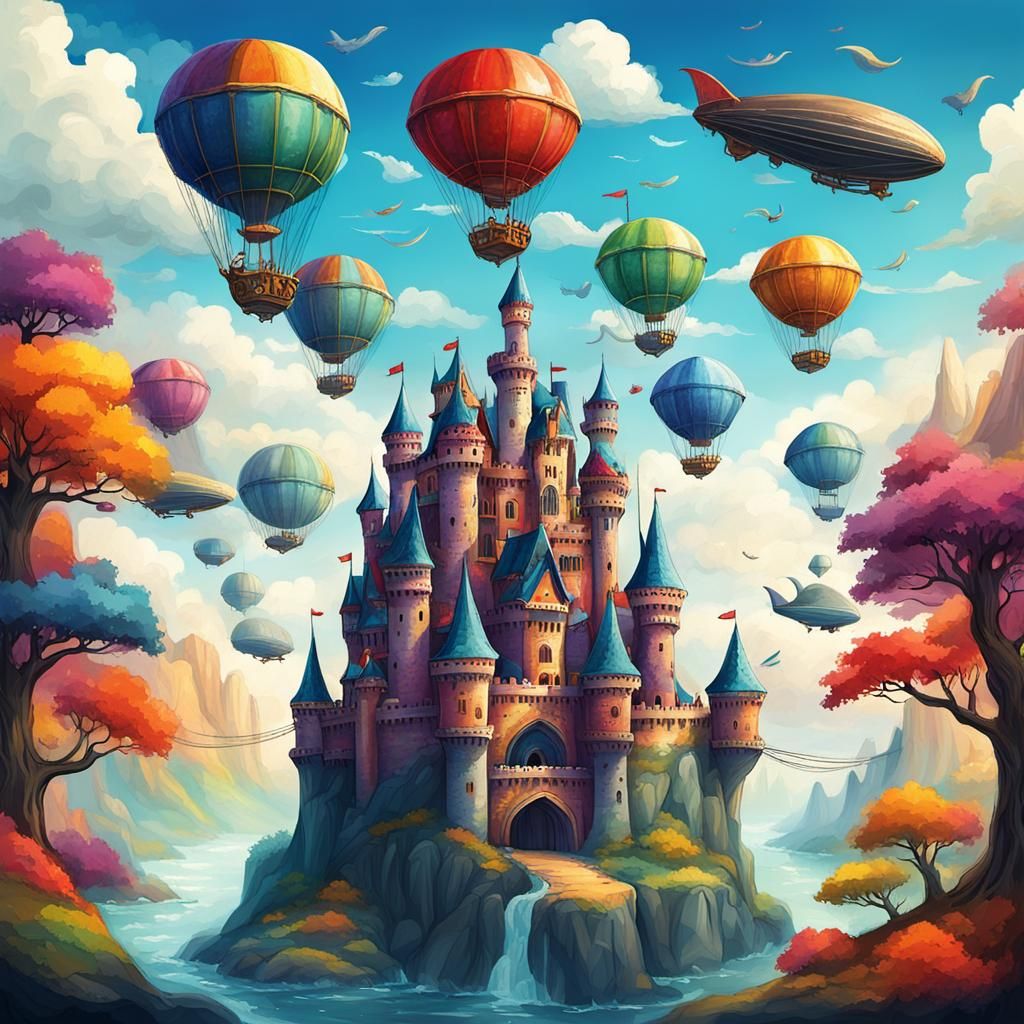 Fantasy Castle with Airships in Illustrative Style