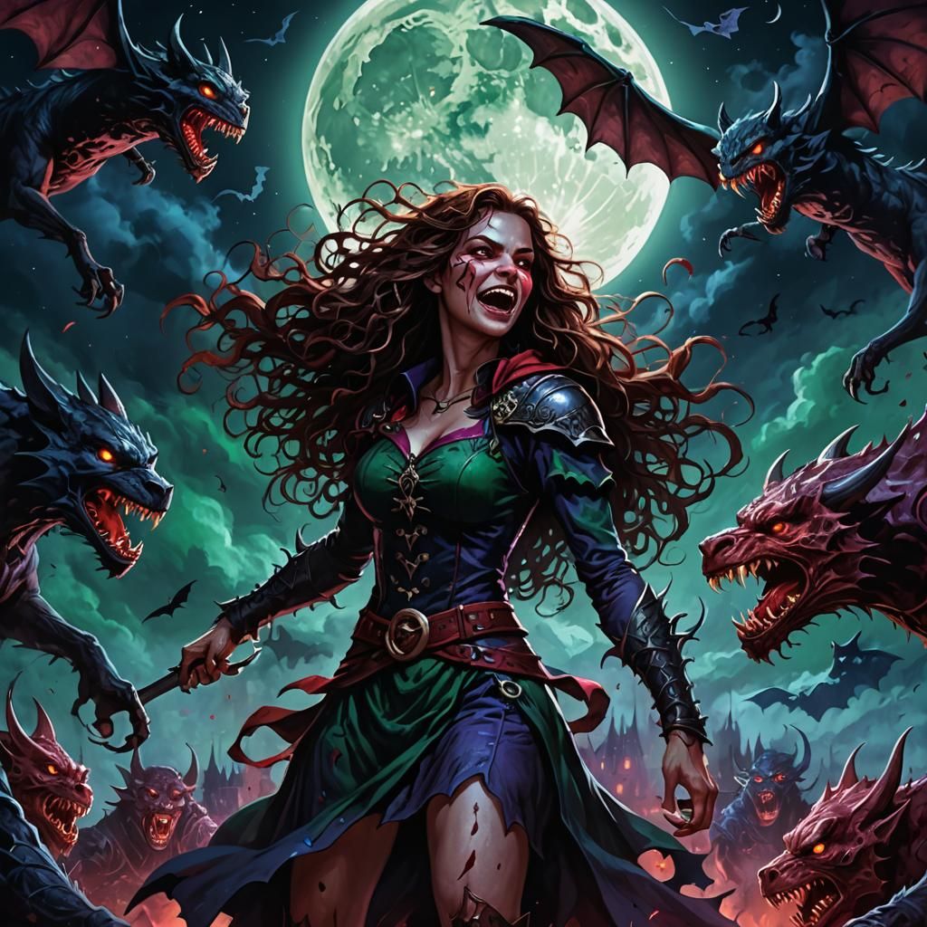 Moonlit Woman Battles Monsters in Dark Fantasy Art