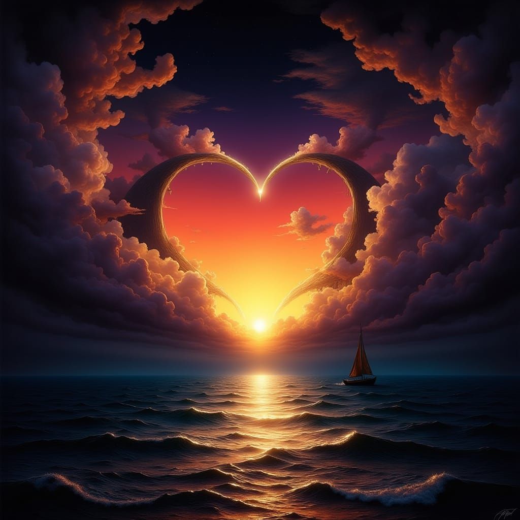 Twilight Ocean Scene with Heart-Shaped Glow