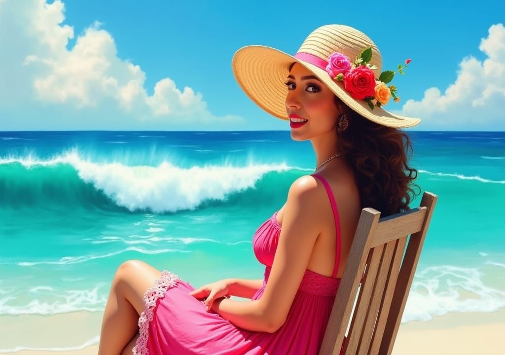 Woman with Roses by the Sea, Impressionistic Style