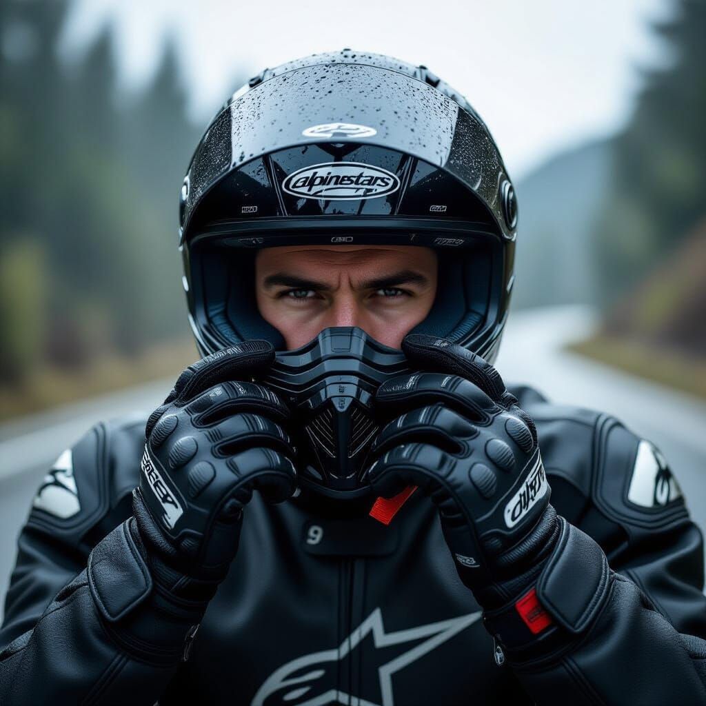 Motorcyclist Fastening Helmet Strap in Moody Lighting