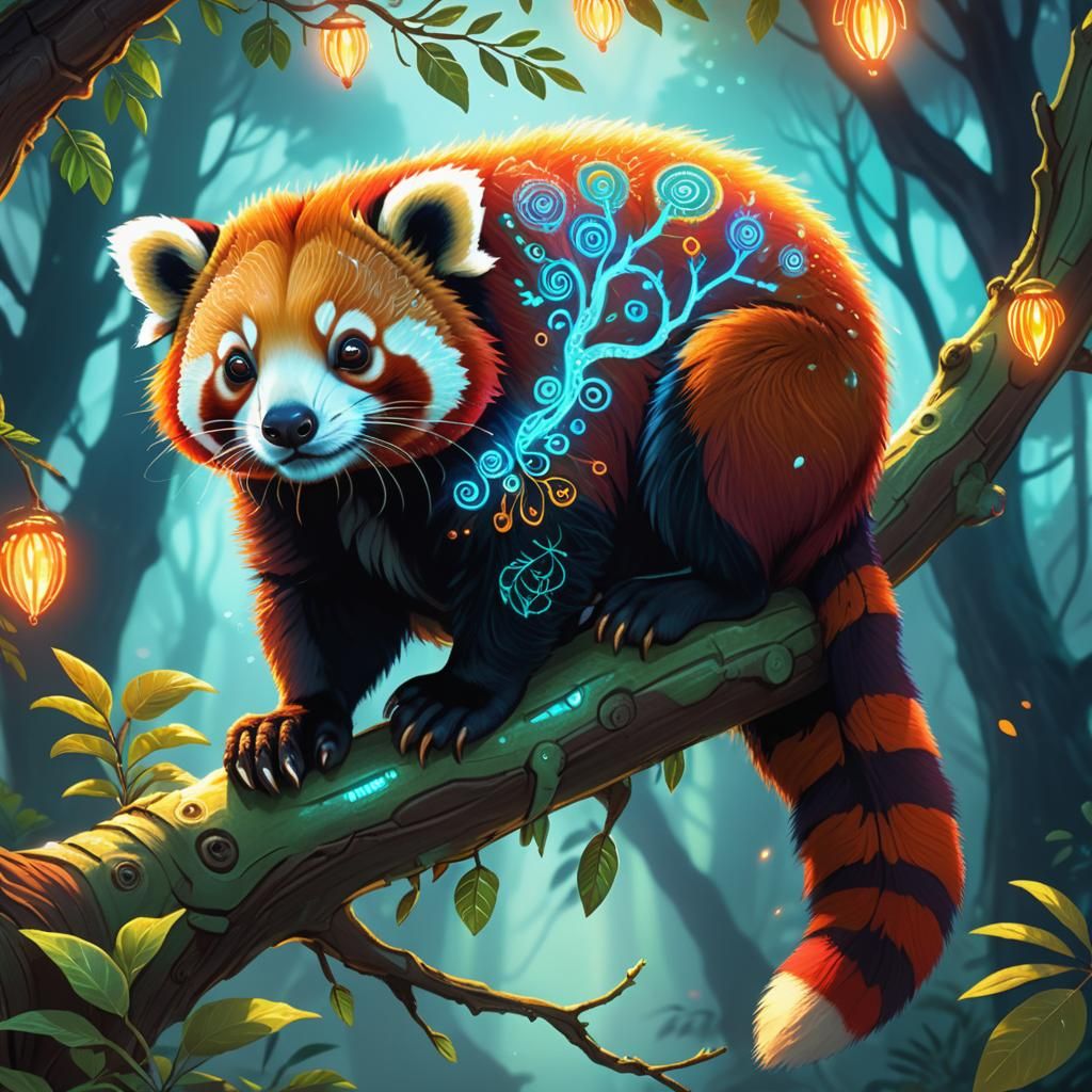 Alien Red Panda Creature on Bioluminescent Tree