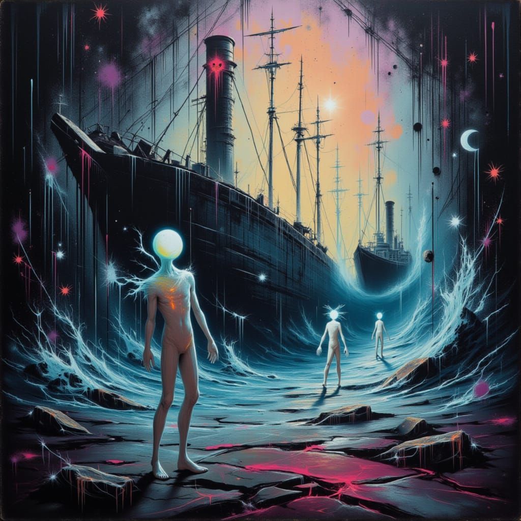 Surreal Aliens Amidst Stormy Waves on Derelict Ship