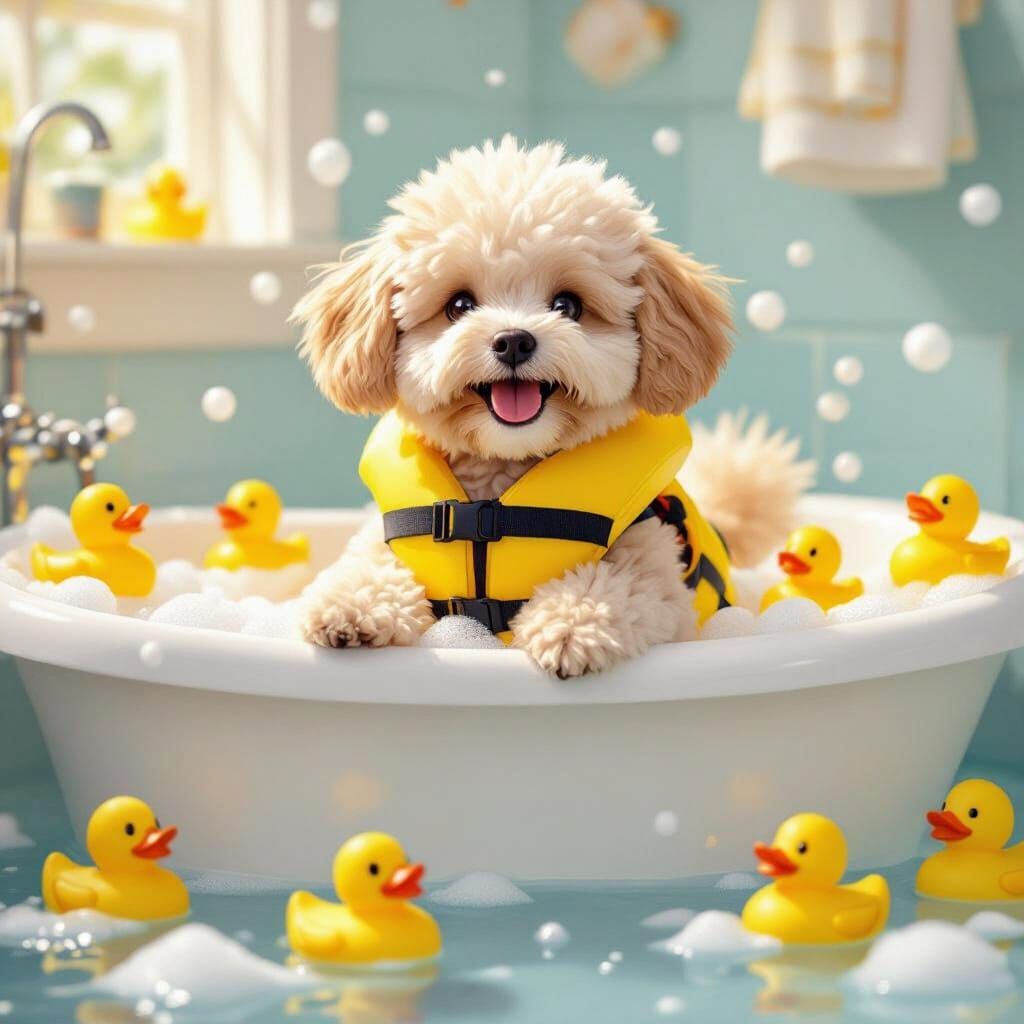 Playful Dog in Bathtub with Ducks, Cartoon Style